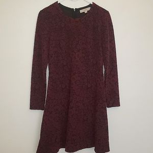 LOFT size 6 burgundy jersey knit A-line dress with floral detail.